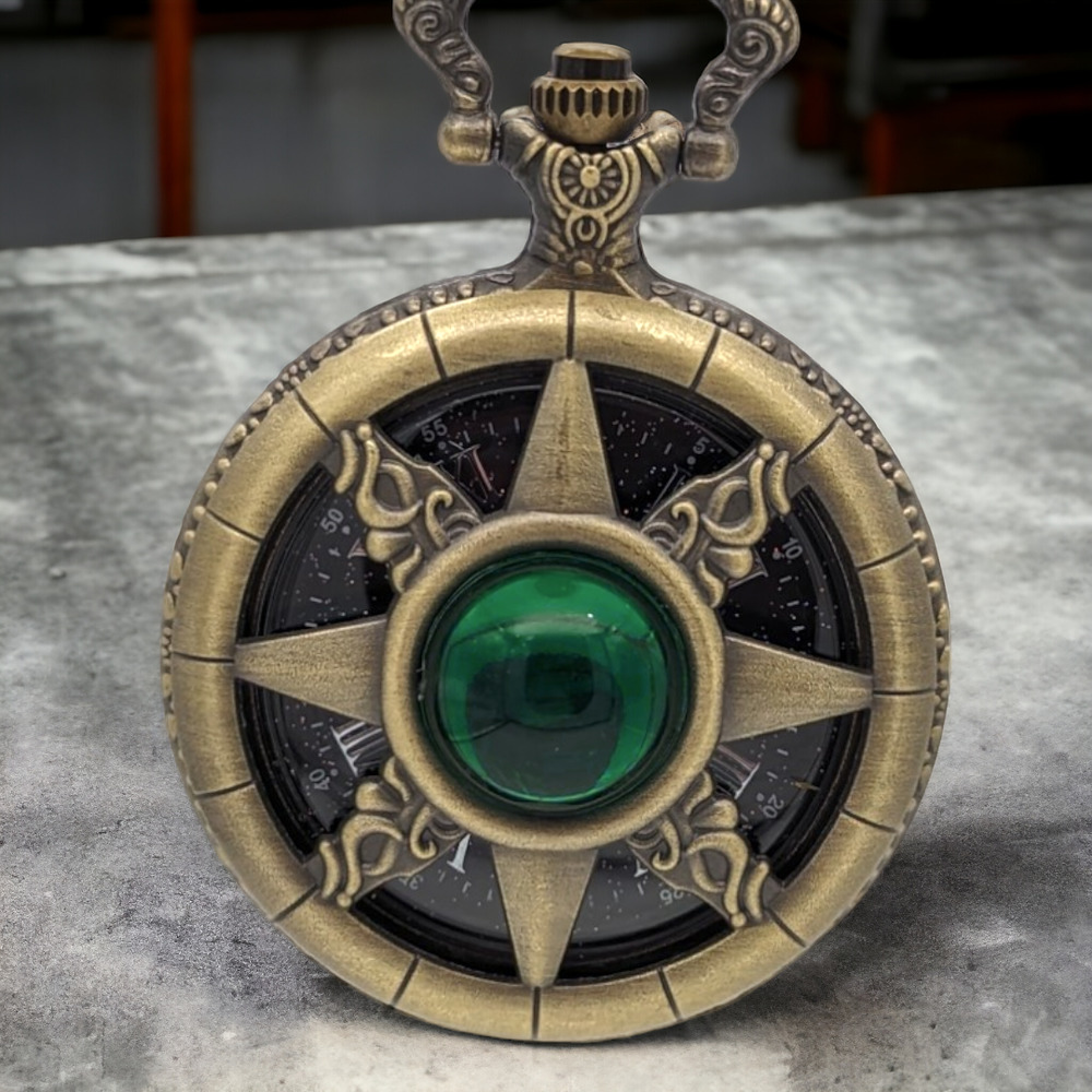 Pocket Watch Star Green Gem NEW Gift Costume Antique Bronze Vintage Look Fortune